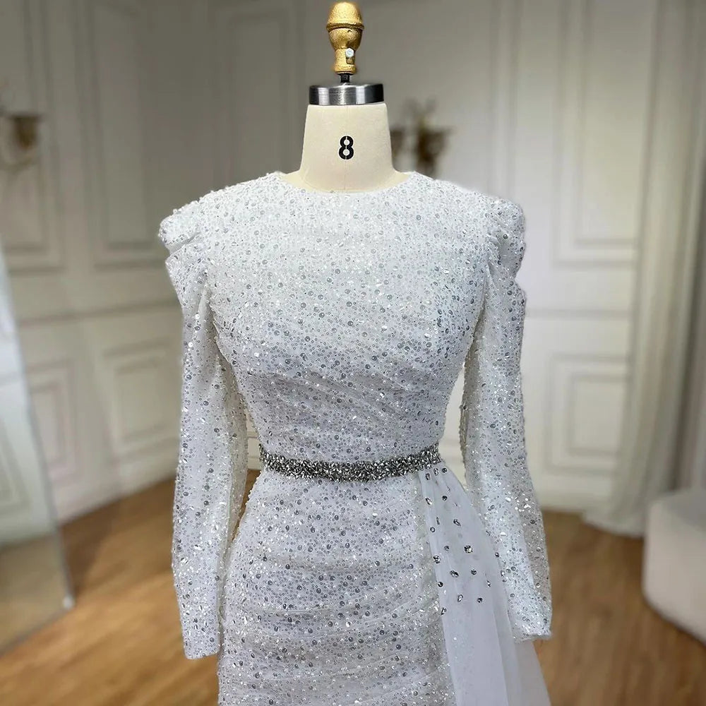 2025 Muslim White With Overskirt Elegant Mermaid Beaded Dresses Evening Dresses Gowns for Women Wedding Party LA72346