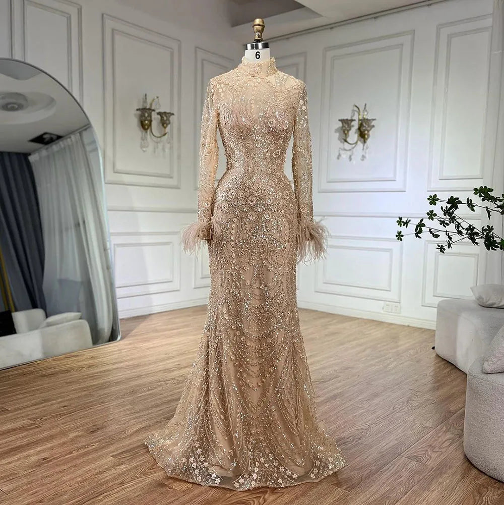 2025 Muslim Women Wedding Party Dubai Gowns Gold Luxury Beaded Feathers Mermaid Long Evening Dresses LA72546