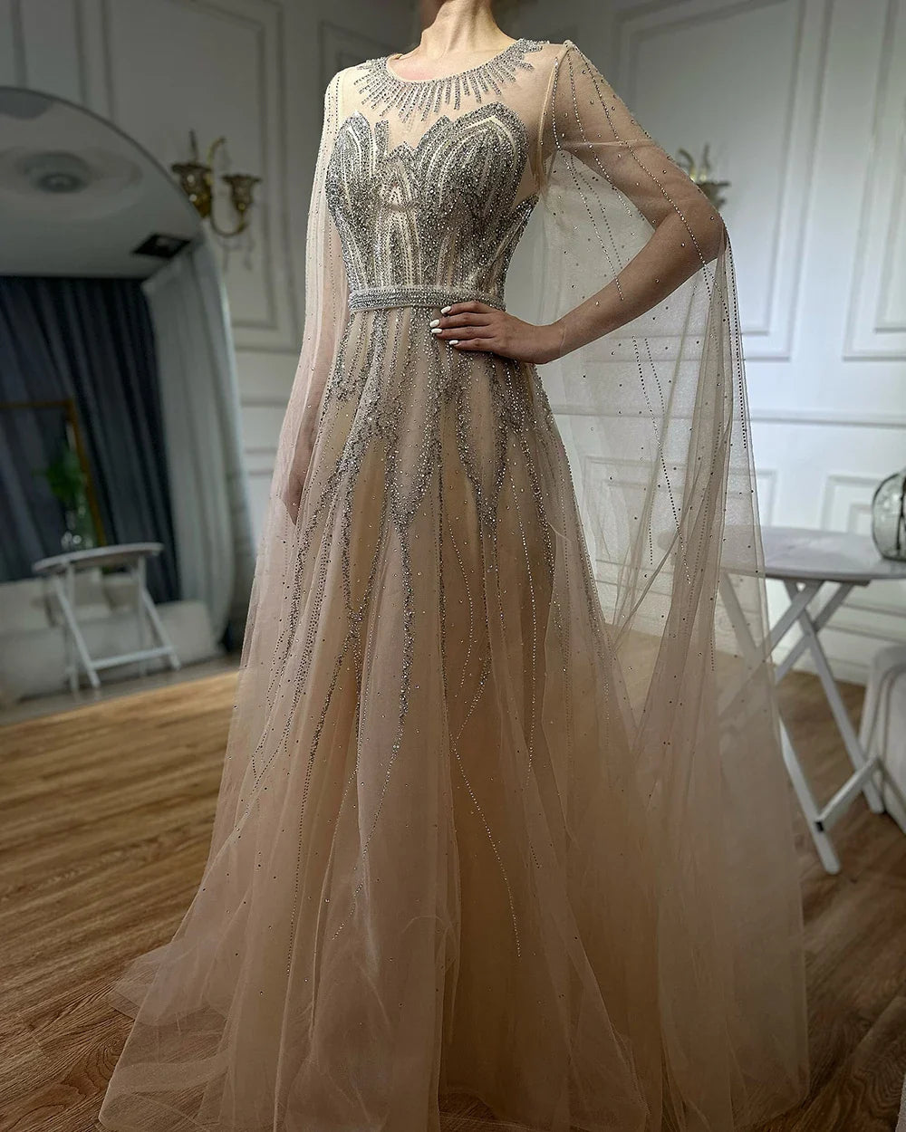 2025 Nude Blue Elegant A-Line Beaded Long Arabic Evening Dresses Gowns with Cape Sleeves for Formal Occasion LA72785