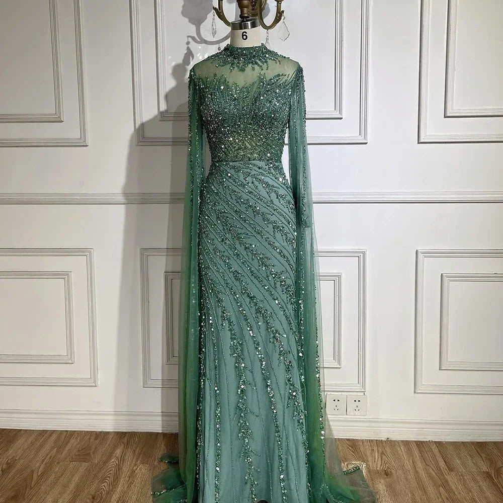Luxuriöses Abendkleid im Meerjungfrauen-Stil in Schwarz mit Cape-Ärmeln LA71885A