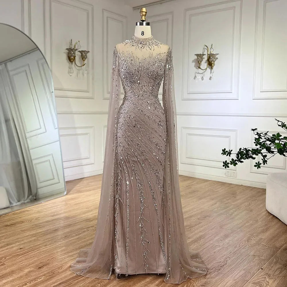Luxuriöses Abendkleid im Meerjungfrauen-Stil in Schwarz mit Cape-Ärmeln LA71885A
