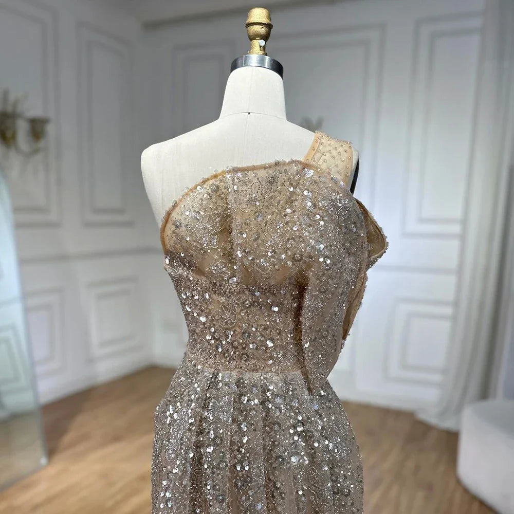 2025 Nude One Shoulder Split Beaded Dubai Luxury Mermaid Evening Dresses Gowns for Women Wedding Party LA72385
