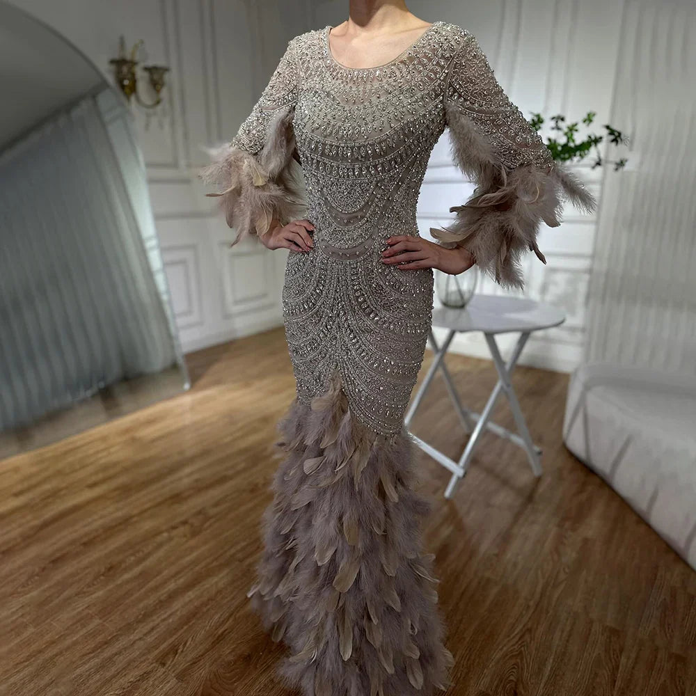 2025 Nude Saudi Arabic Evening Gown with Beaded Feathers Dress for Formal Occasion LA72736