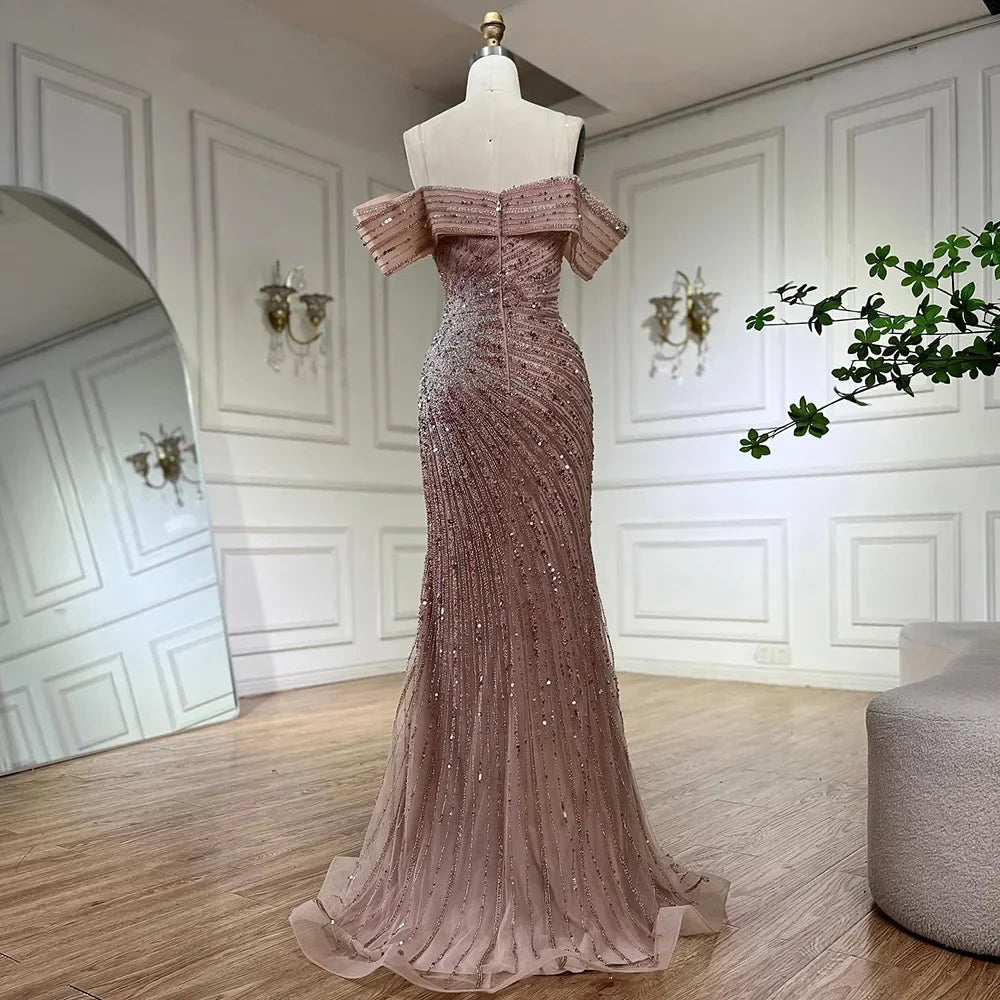2025 Off The Shoulder Pink Mermaid Beaded Luxury Evening Dress with Side Split for Formal Occasion Saudi LA72481