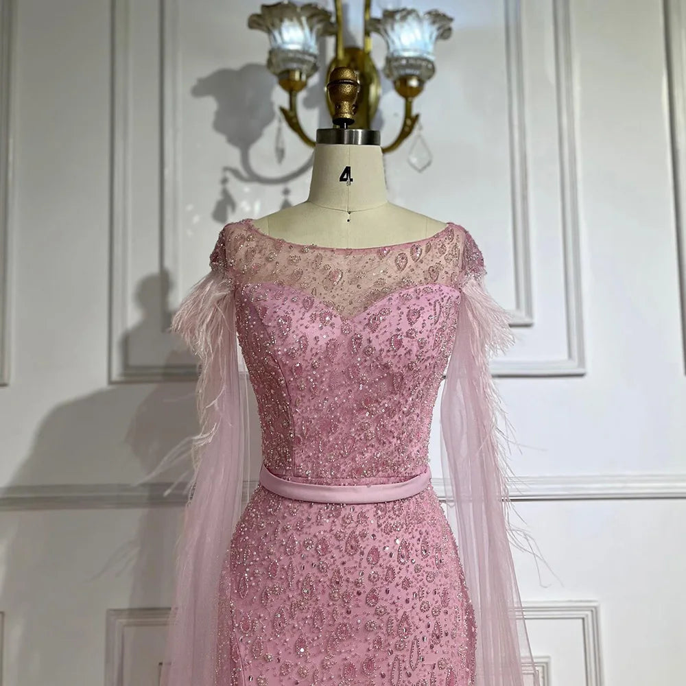 2025 Pink Cape Sleeves Dubai Evening Gown Mermaid with Side Skirt Feathers Beaded Dress for Women's Party LA72701