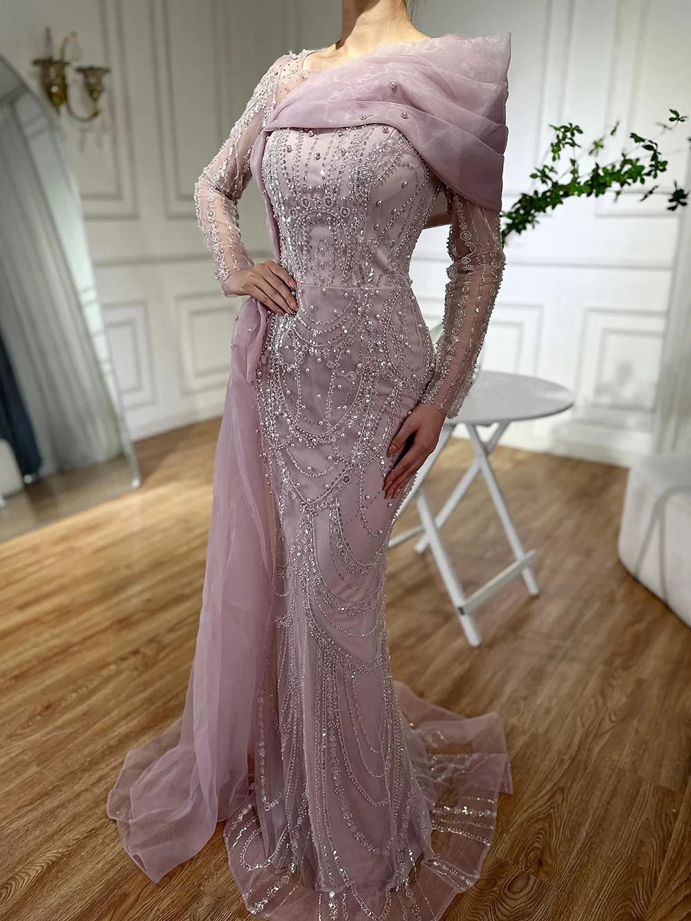2025 Pink Mermaid Luxury Beaded Pearls Evening Dress with Overskirt Gown for Formal Occasion LA72348A