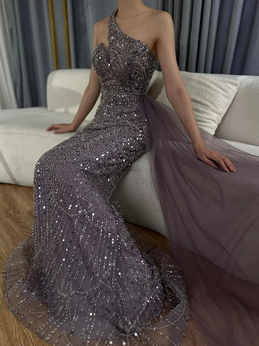 2025 Purple One Shoulder Saudi Arabic Evening Gown with Beaded Side Overskirt Dress for Formal Occasion LA72735