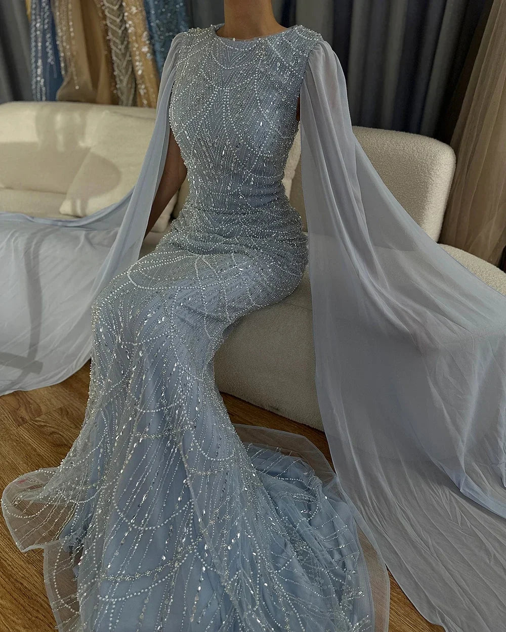 2025 Saudi Arabia Blue Mermaid Cape Sleeve Luxury Beaded Evening Gown for Formal Occasion LA72160A