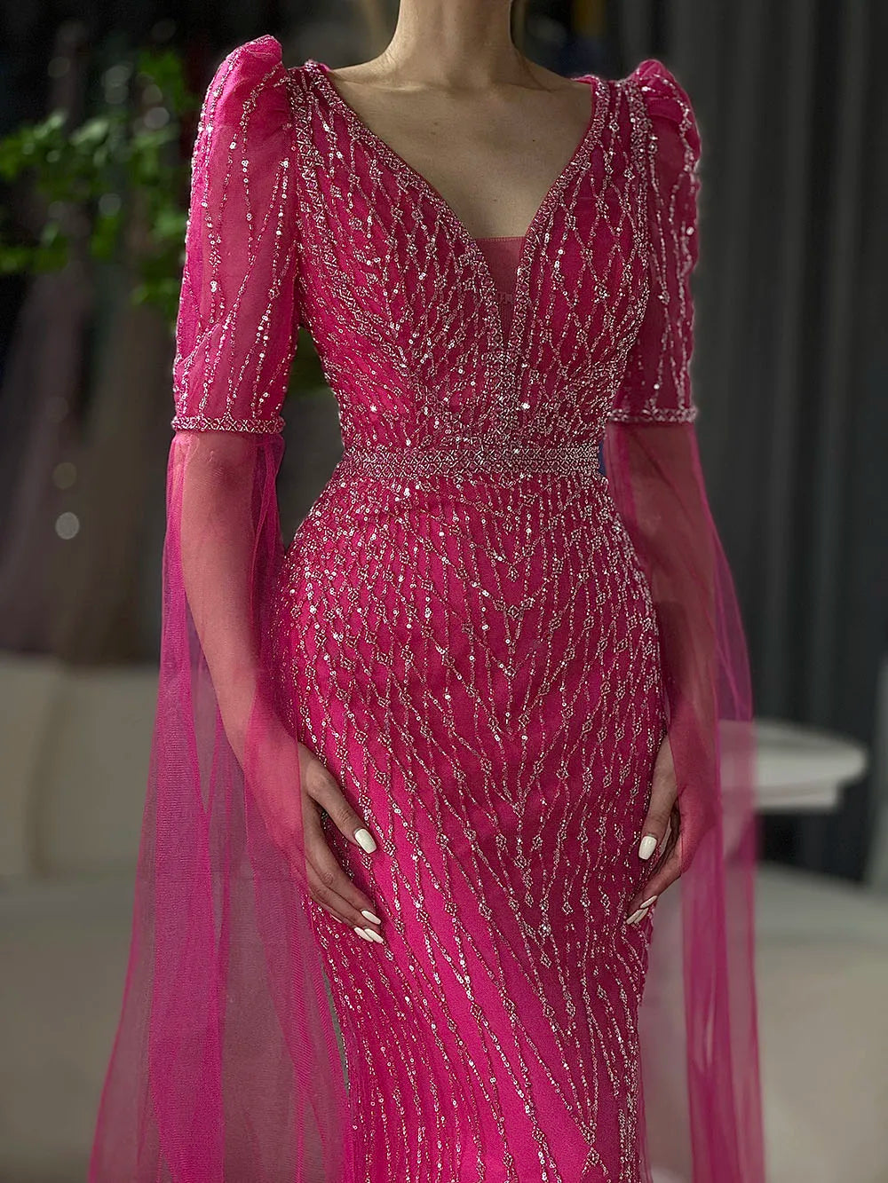 Luxuriöses Abendkleid im Meerjungfrauenstil in Fuchsia für formelle Anlässe LA72774
