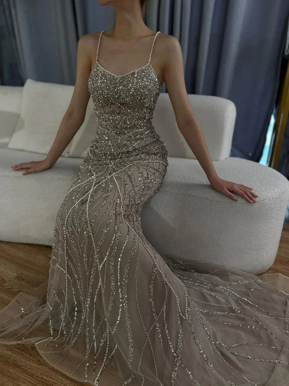 2025 Saudi Caramel Beaded Spaghetti Strap Arabic Mermaid Evening Dress Gown for Formal Occasion LA72733