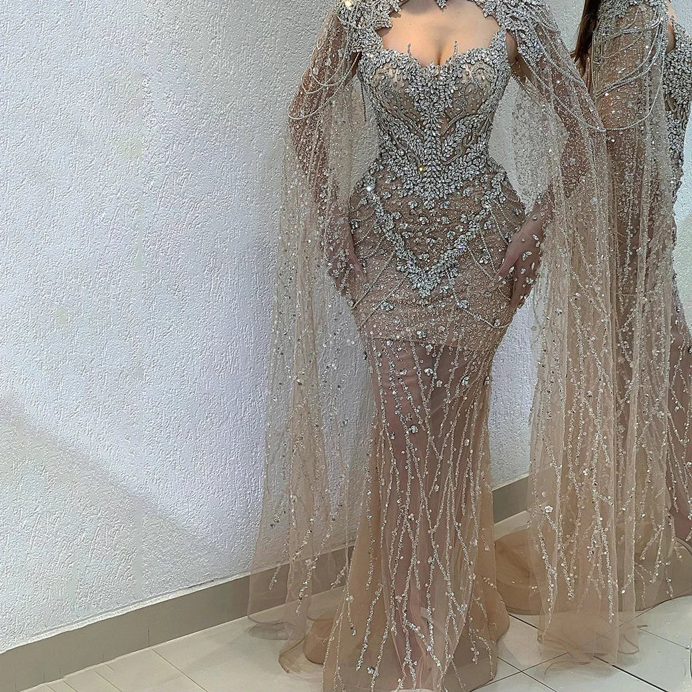 2025 Nude Mermaid Evening Dress with Beaded Crystal Removable Cape Sleeves Gown for Formal Occasion LA72539