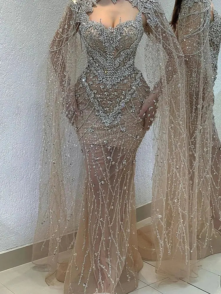2025 Nude Mermaid Evening Dress with Beaded Crystal Removable Cape Sleeves Gown for Formal Occasion LA72539