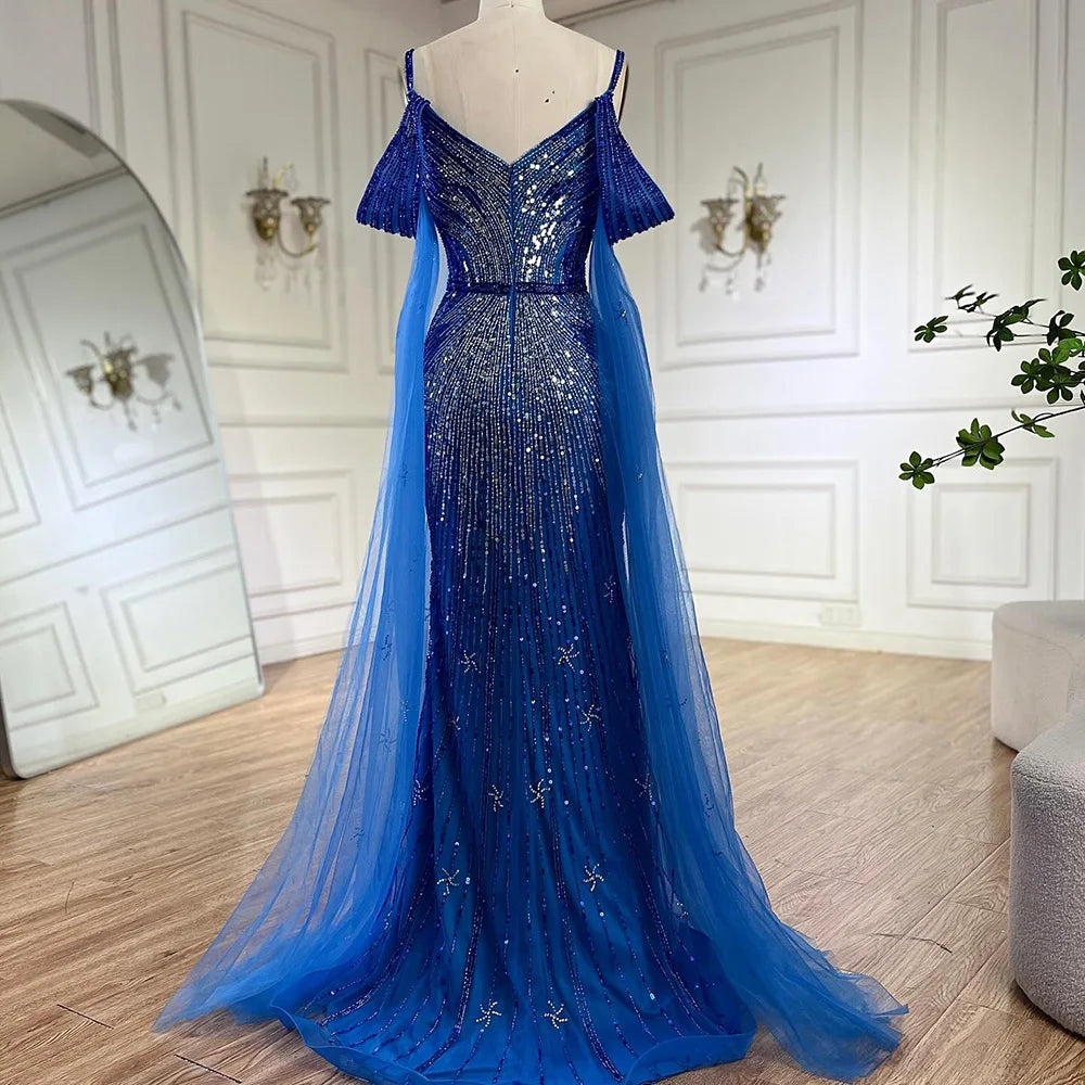 2025 Spaghetti Strap Blue Mermaid Beaded Luxury Evening Dress with Cape Sleeves for Formal Occasion Saudi LA72707