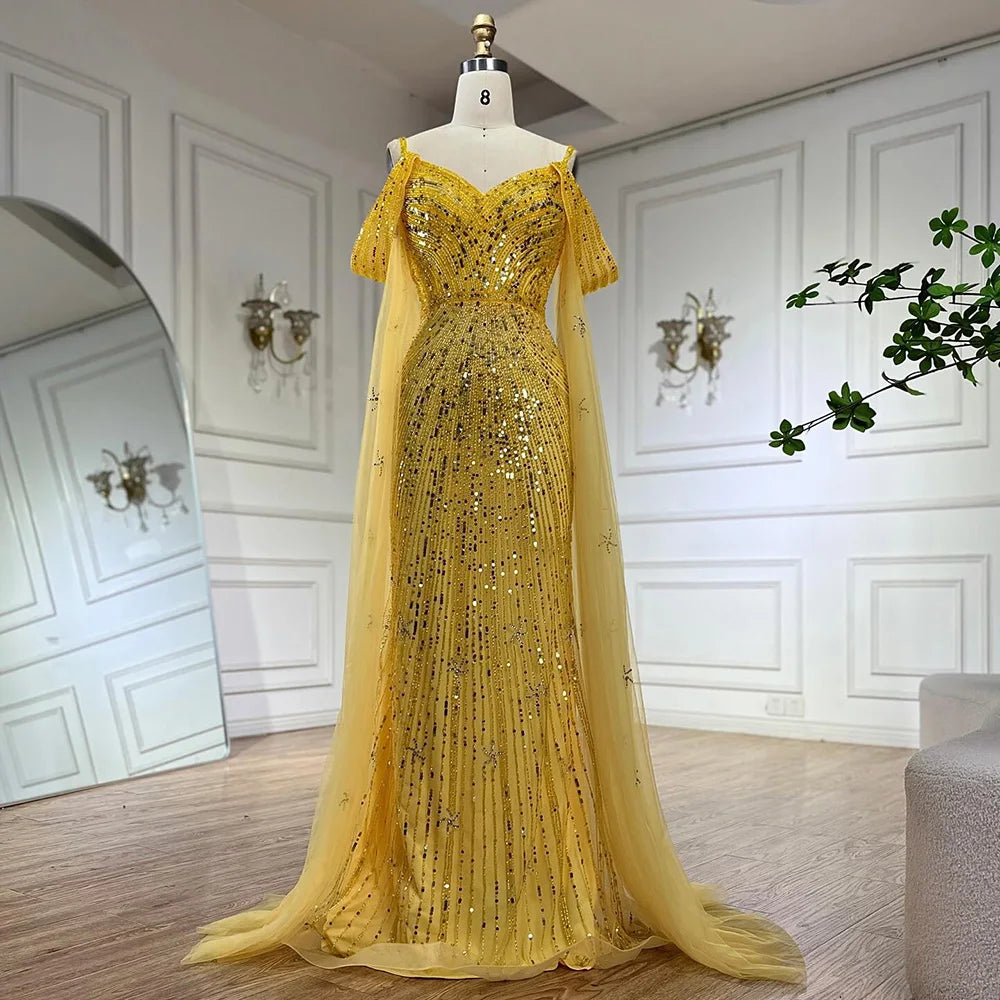2025 Spaghetti Strap Blue Mermaid Beaded Luxury Evening Dress with Cape Sleeves for Formal Occasion Saudi LA72707