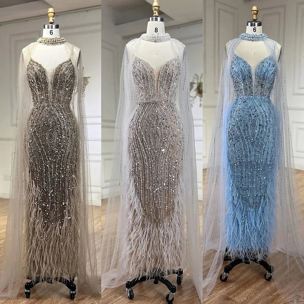 2025 White Nude Mermaid Wedding Party Dresses with Beaded Feathers Luxury Cape Sleeves Party Gowns LA72047A