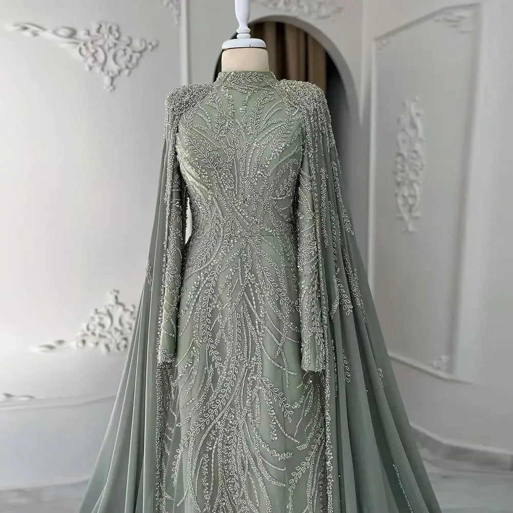 2025 muslim Sage Green Mermaid Cape Sleeves Beaded Satin Luxury Evening Dresses Gowns for Women Party LA72413