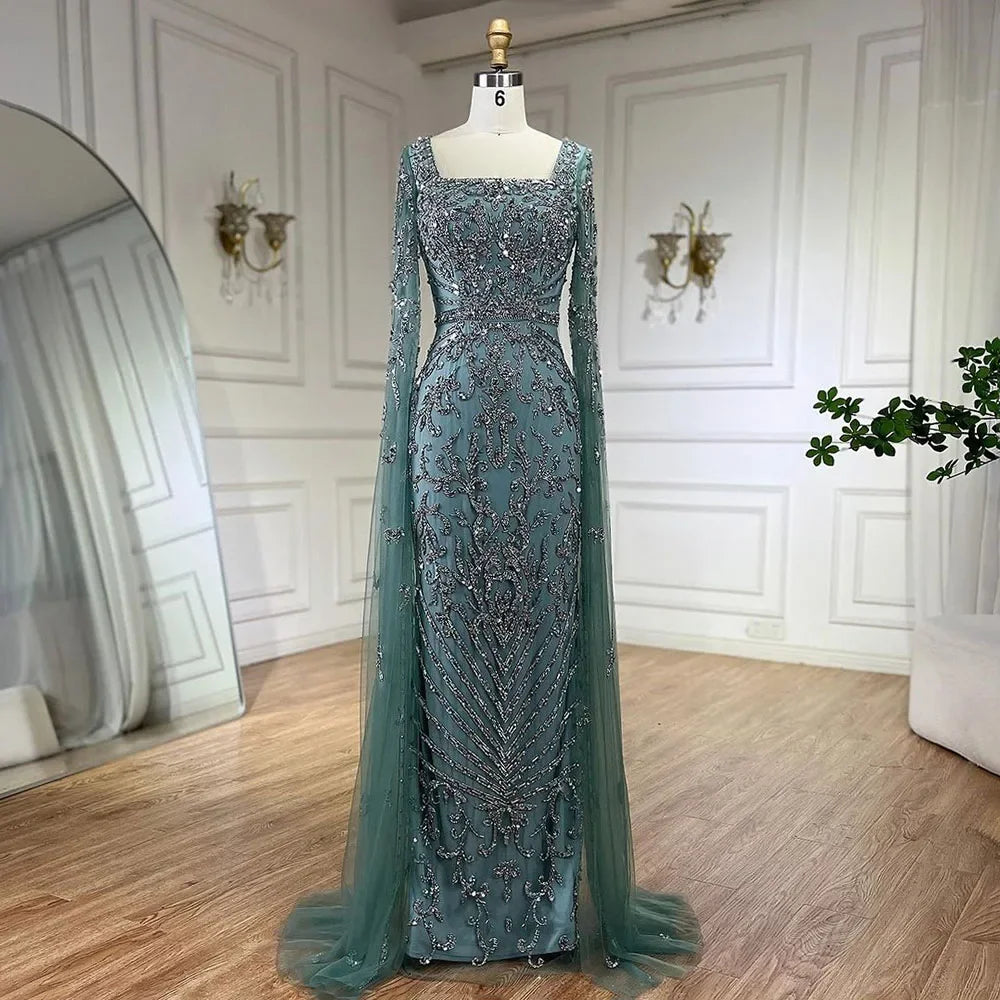 Luxuriöses arabisches türkisfarbenes Abendkleid mit Cape-Ärmeln LA72400