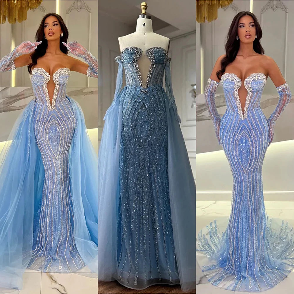 Vestidos de noche Arabia Blue de corte sirena con guantes y sobrefalda para ocasiones formales LA72582