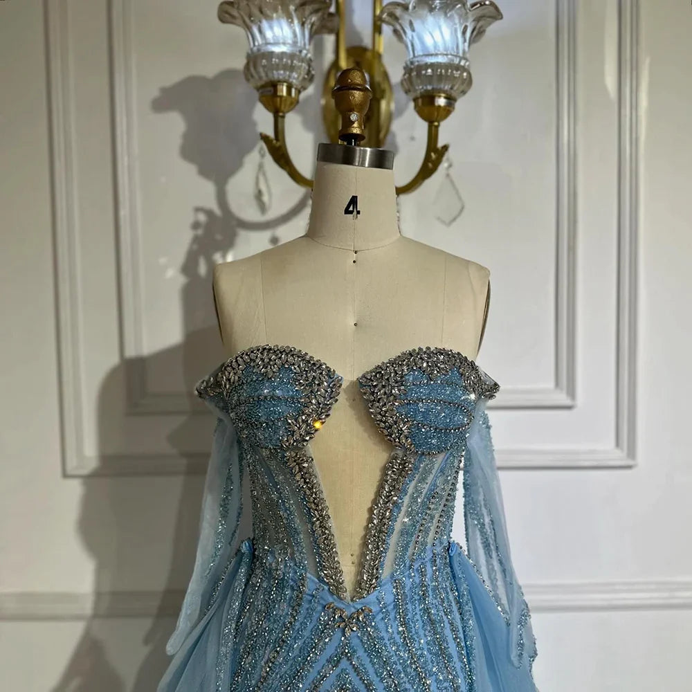 Vestidos de noche Arabia Blue de corte sirena con guantes y sobrefalda para ocasiones formales LA72582