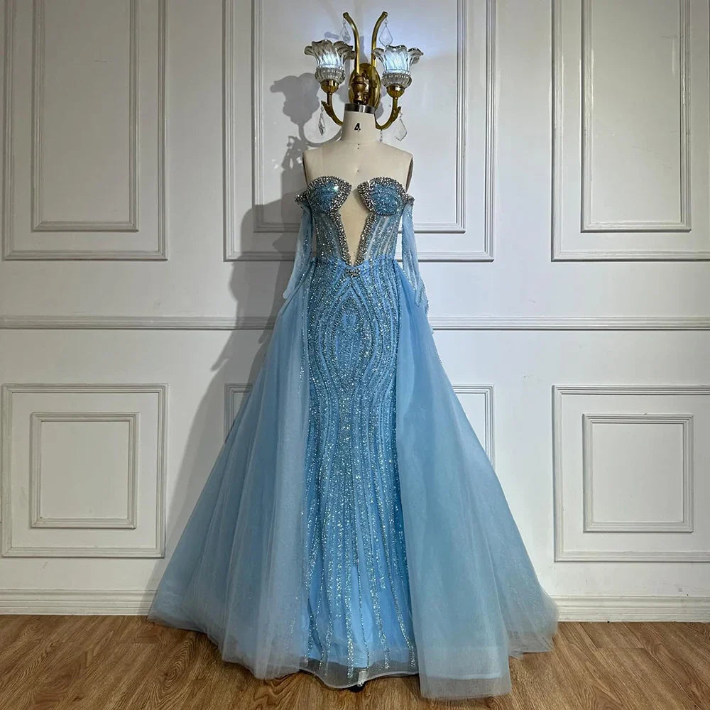 Vestidos de noche Arabia Blue de corte sirena con guantes y sobrefalda para ocasiones formales LA72582
