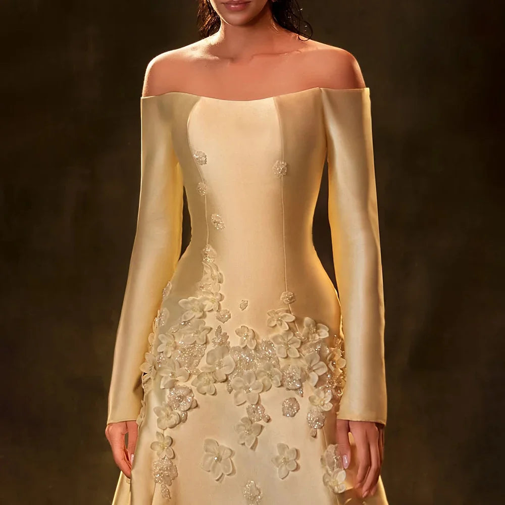 Vestido de noche Arabia amarillo de satén, corte A, sin tirantes y con apliques, para ocasiones formales, LA72833