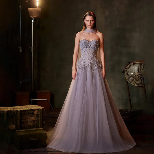 Vestido de noche árabe lila, corte A, sin tirantes, con cuentas, para ocasiones formales, LA72832