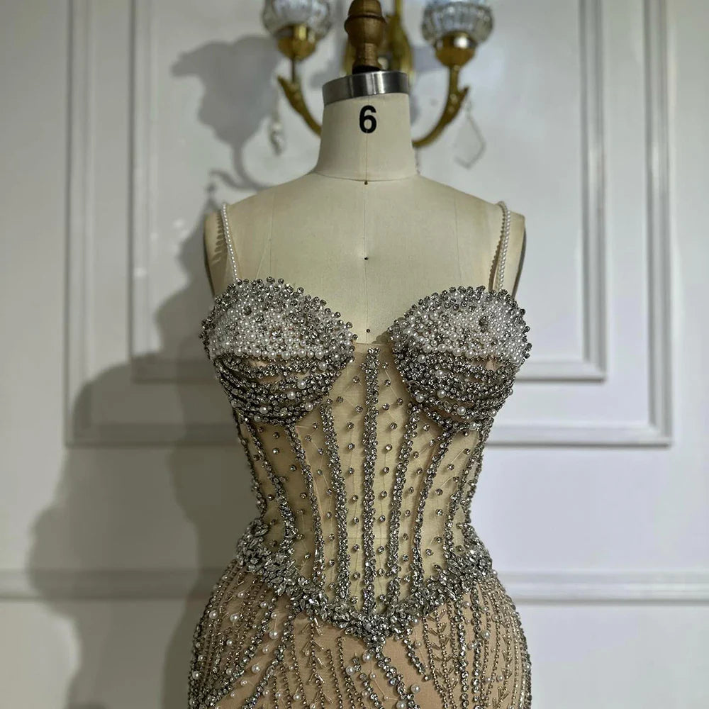 2025 Elegant Spaghetti Strap Pearl Beaded Mermaid Evening Gown for Formal Occasion LA72865