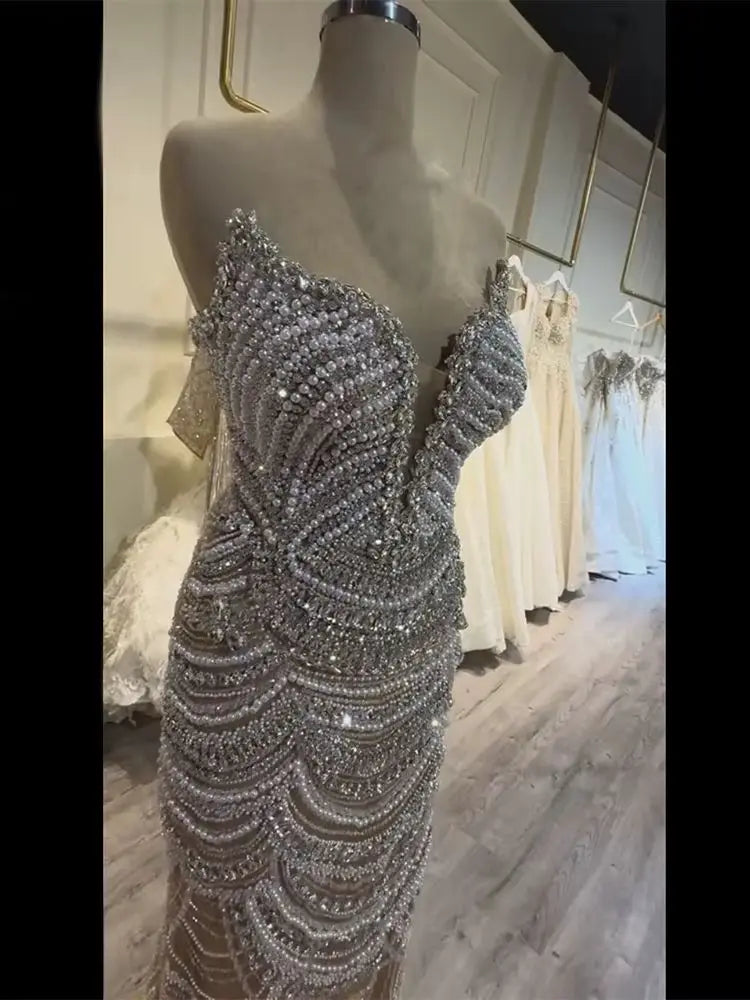 2025 Nude Silver Beaded Evening Gown with Sparkling Crystal Embellishments for Formal Occasion LA72900