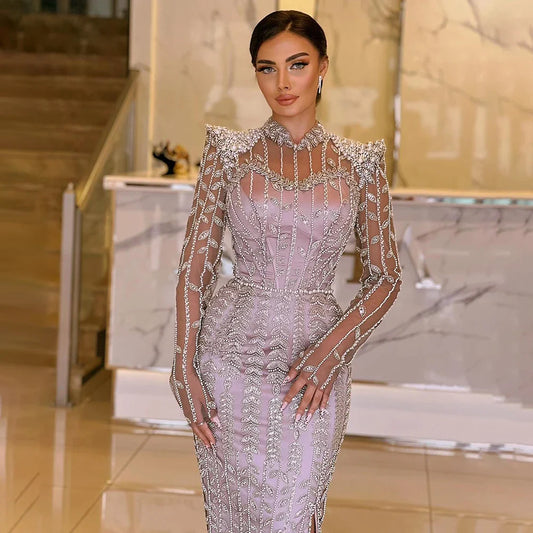 Vestidos de noche árabes beige de manga larga LA72826