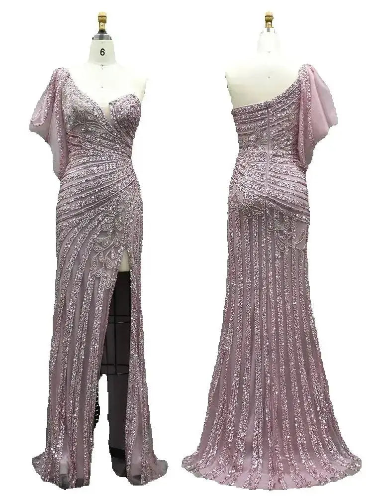 2025 Pink One Shoulder Beaded Mermaid Evening Dresses Gowns with High Split for Formal Occasion LA72821