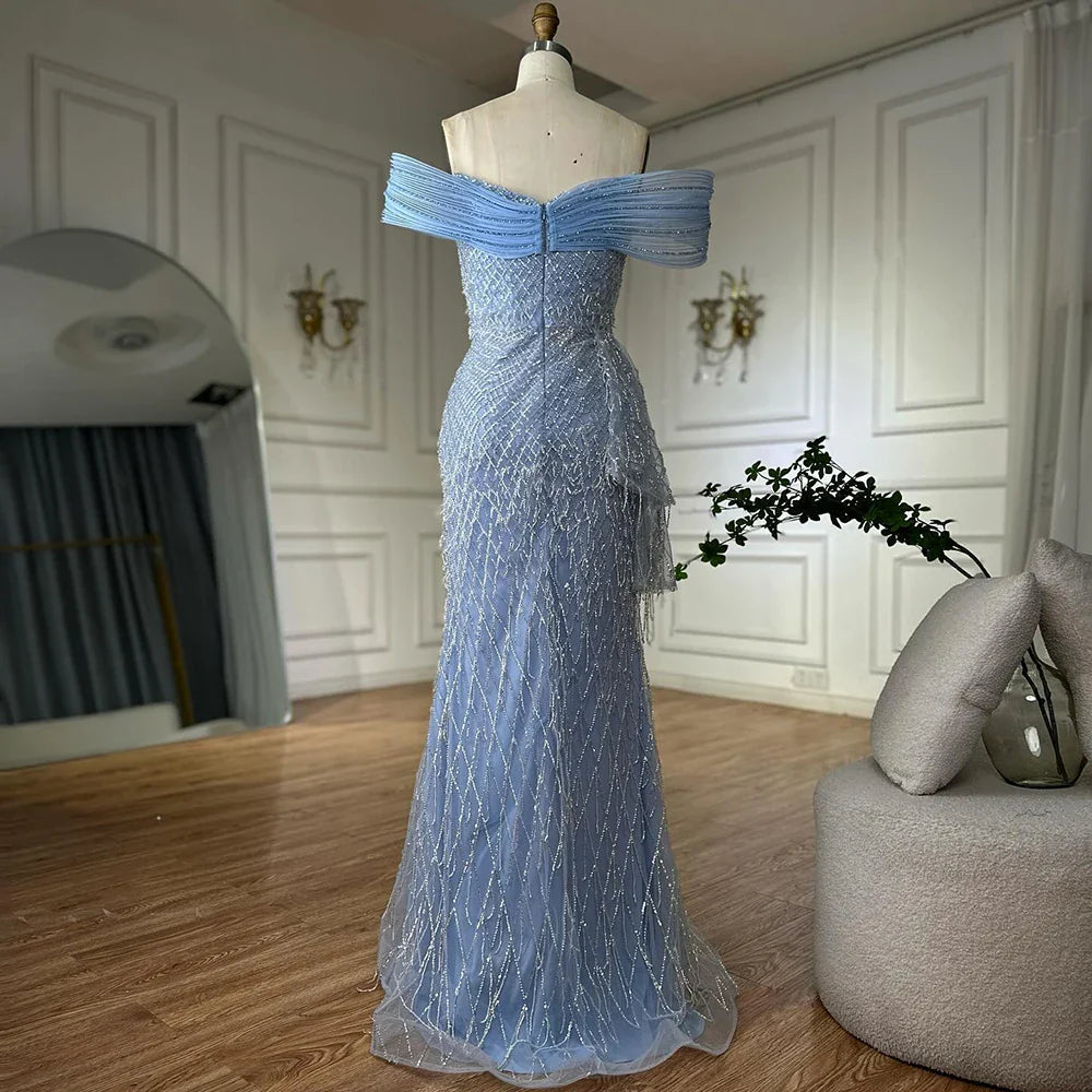2025 Saudi Blue Beaded Off-Shoulder Mermaid Evening Gown with Side Split for Formal Occasion LA72867