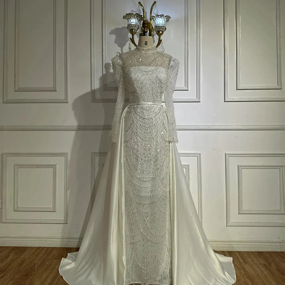 2025 White Muslim Mermaid Evening Dress Gown with Detachable Overskirt for Formal Occasion LA72032L