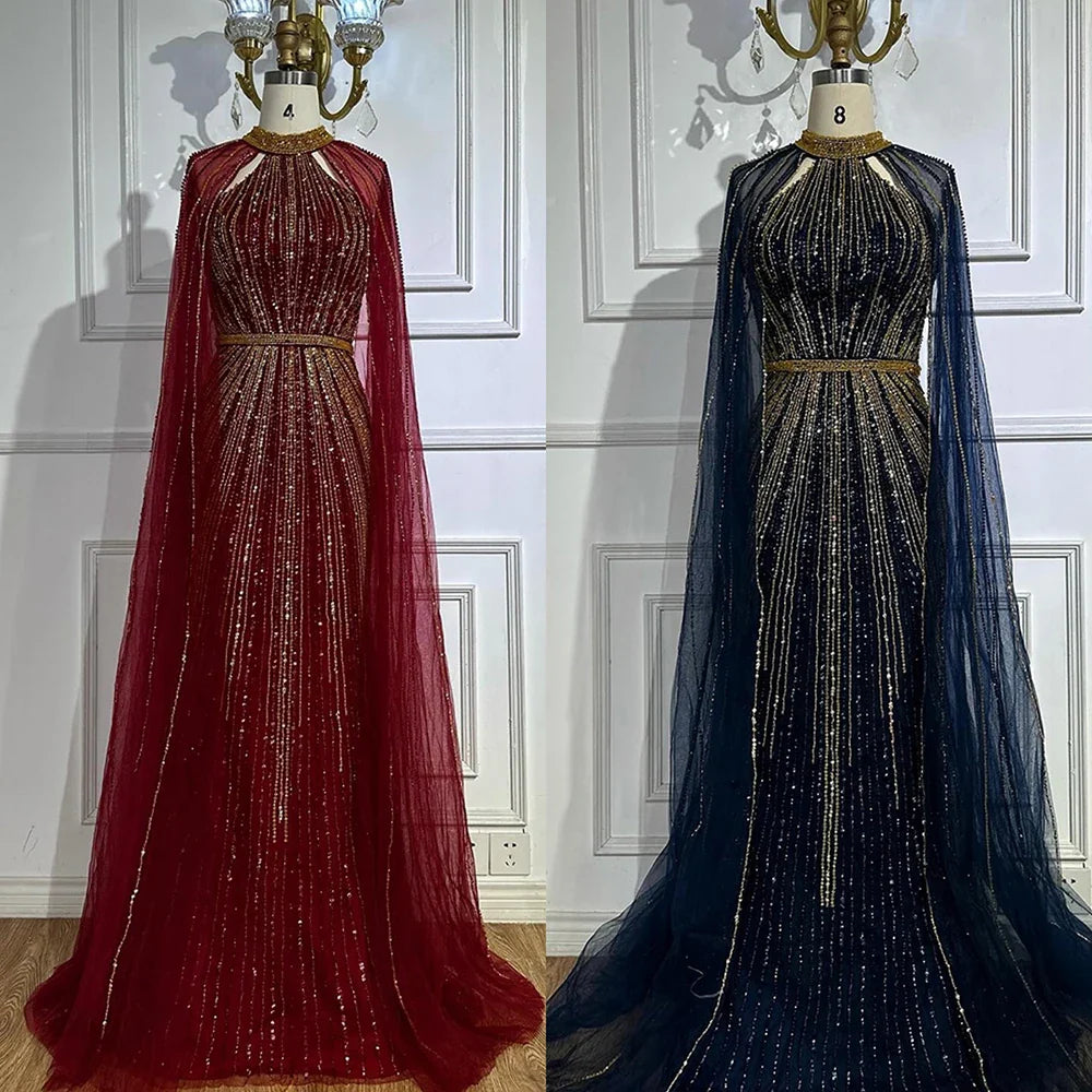 2025 Wine Red Beaded Mermaid Saudi Evening Dress with Cape for Formal Occasion LA72707A