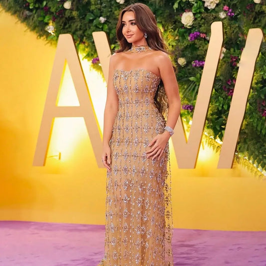 Vestido de noche color piel, sin tirantes, con cuentas, corte A, para ocasiones especiales, Arabia Saudita, LA72871