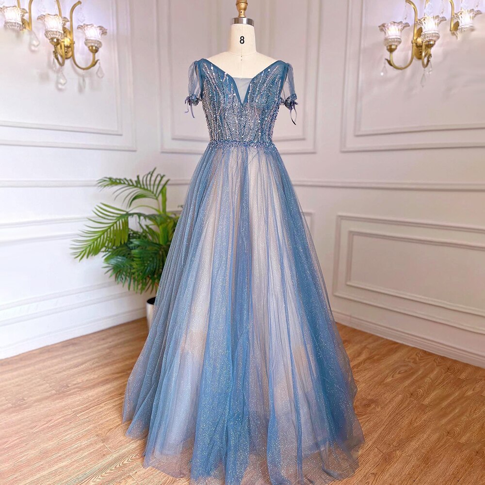 A-Line Blue Luxury Evening Dresses Gowns 2025 Beaded Short Sleeves Lace Up Arabic For Women Party LA70840