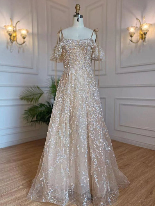 Vestidos de noche árabes de corte A, color piel, sexys, con tirantes finos, encaje y cuentas, estilo Dubái, para mujer, fiesta, LA71871