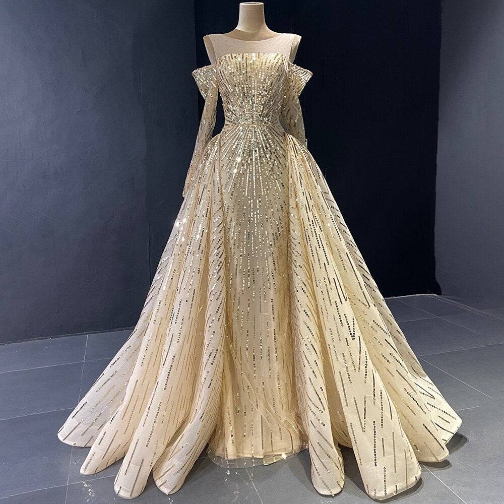 Erweiterte Anpassung Gold Meerjungfrau Elegante Sparkle Abendkleider Lange Ärmel Mit Rock Nicht Abnehmbar LA71695