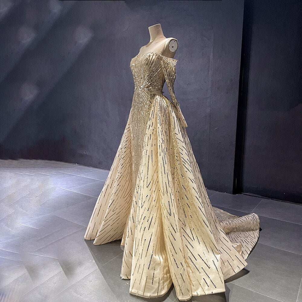 Erweiterte Anpassung Gold Meerjungfrau Elegante Sparkle Abendkleider Lange Ärmel Mit Rock Nicht Abnehmbar LA71695