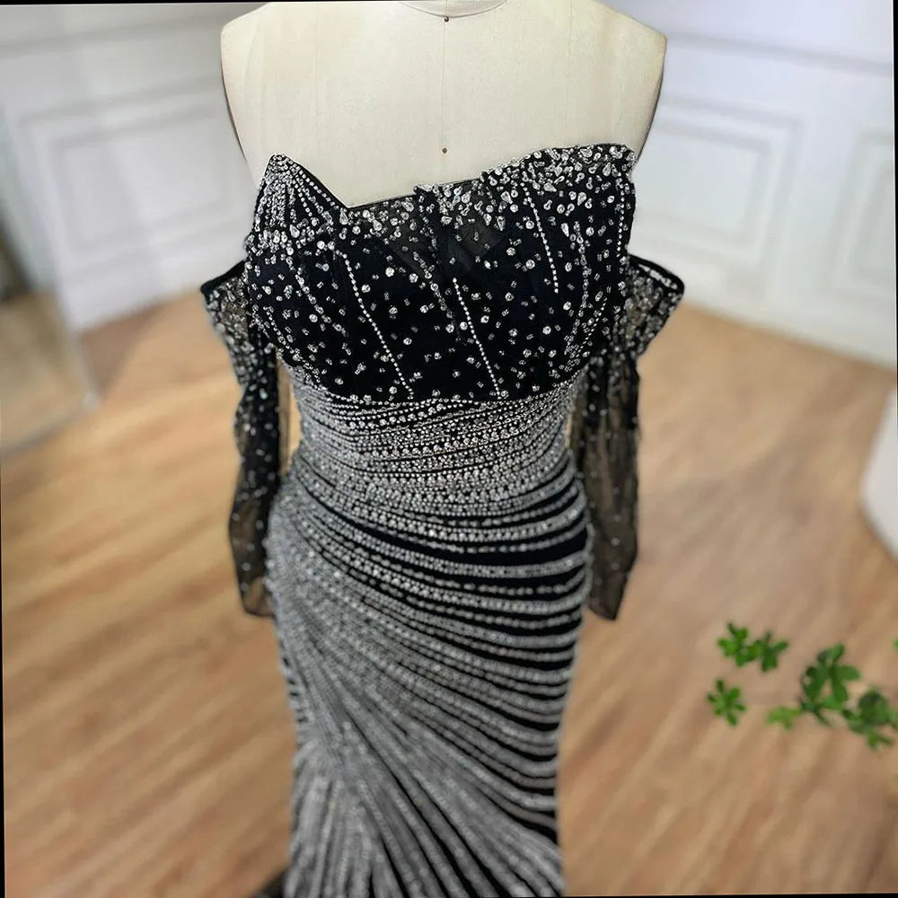 Arabia Schwarzes elegantes trägerloses Meerjungfrau-Abendkleid mit Perlenbesatz für Frauen, Hochzeitsfeier 2025 LA72514