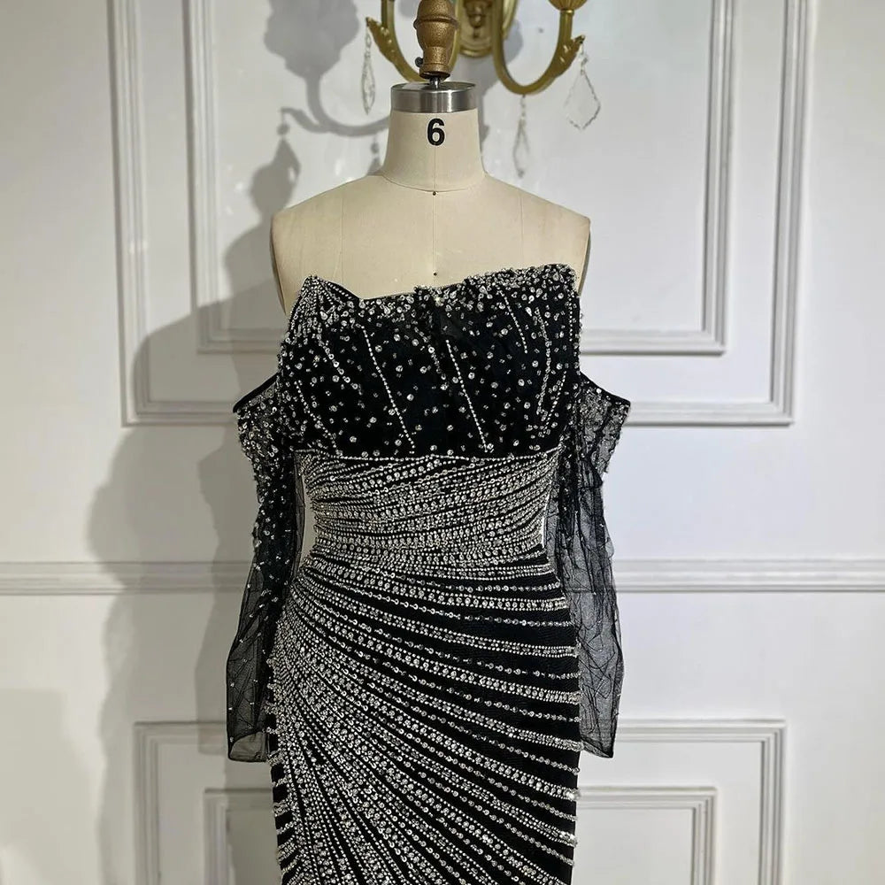 Arabia Schwarzes elegantes trägerloses Meerjungfrau-Abendkleid mit Perlenbesatz für Frauen, Hochzeitsfeier 2025 LA72514