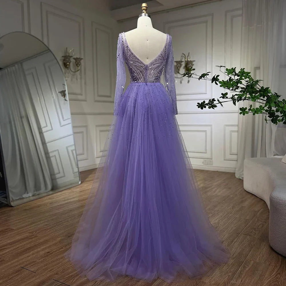 Arabien Lila Elegant Mit Überrock Luxus Perlen Meerjungfrau Abendkleider Kleider Für Frauen Hochzeit Party 2025 LA72297