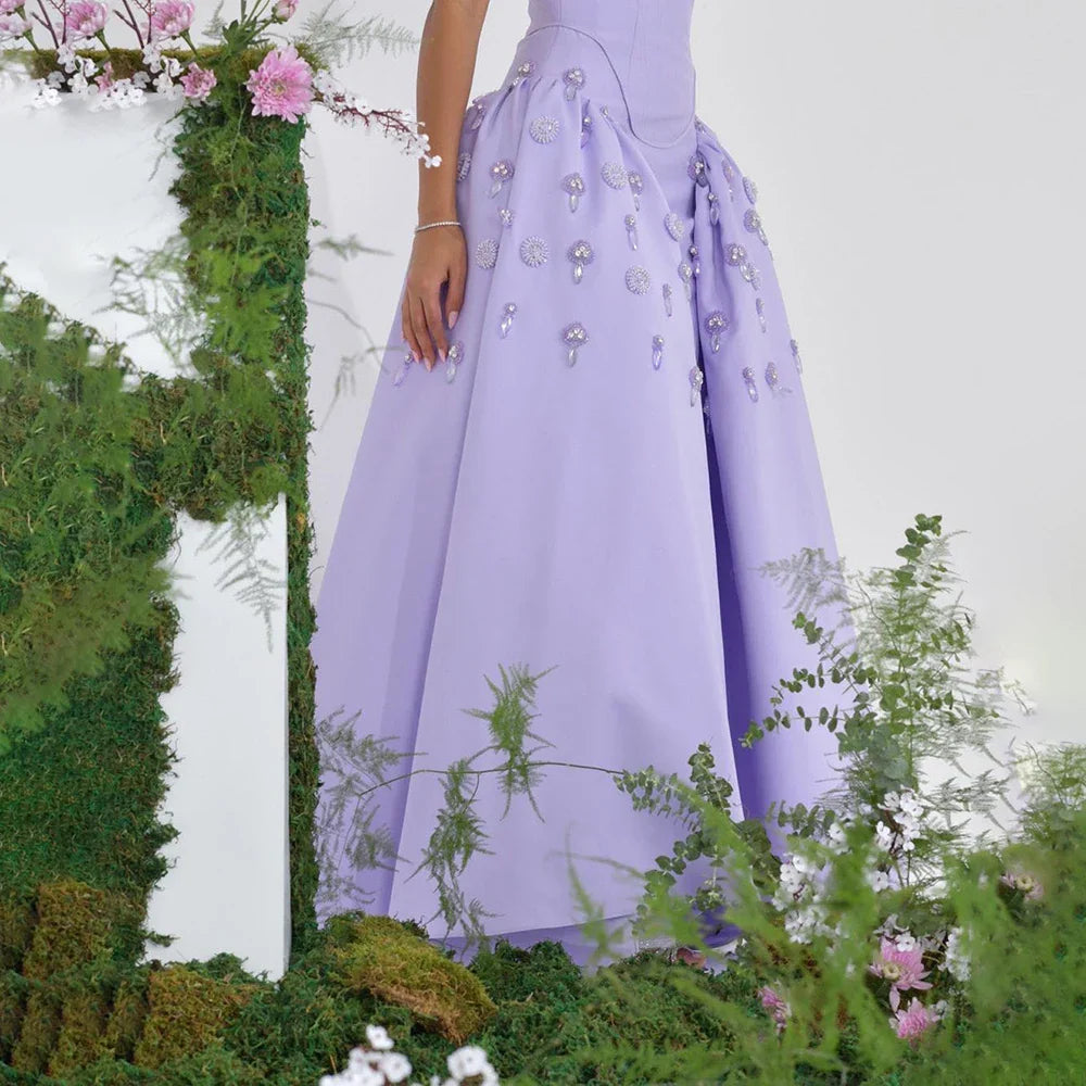 Arabien Lila Satin A-Linie Sexy Trägerloses Perlen Luxus Abendkleider Kleider Für Frauen Hochzeit Party 2025 LA72229
