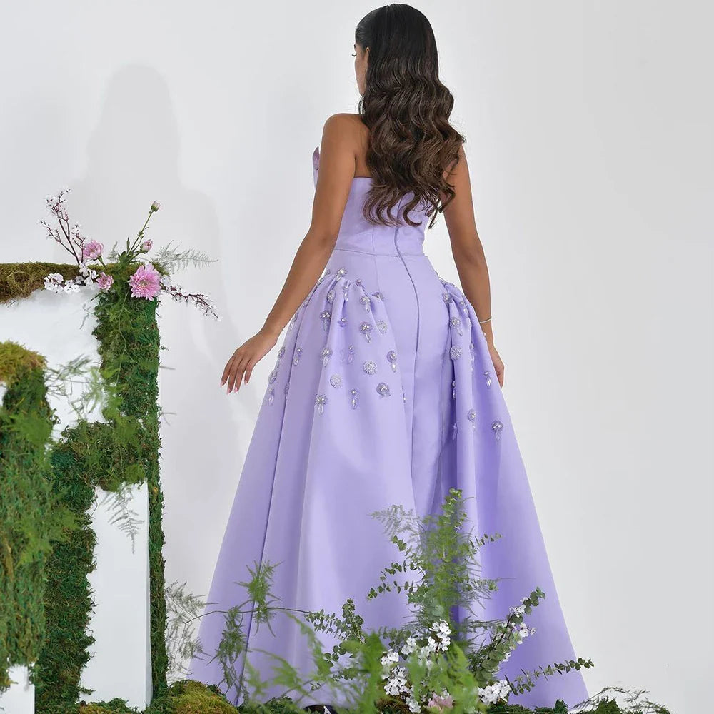 Arabien Lila Satin A-Linie Sexy Trägerloses Perlen Luxus Abendkleider Kleider Für Frauen Hochzeit Party 2025 LA72229