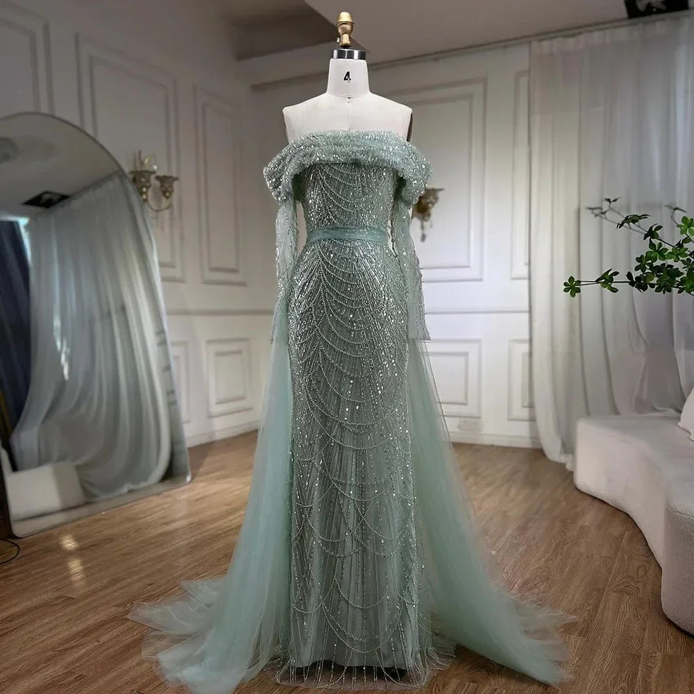 Vestido de noche sirena azul claro con hombros descubiertos y sobrefalda desmontable, Dubái LA72254