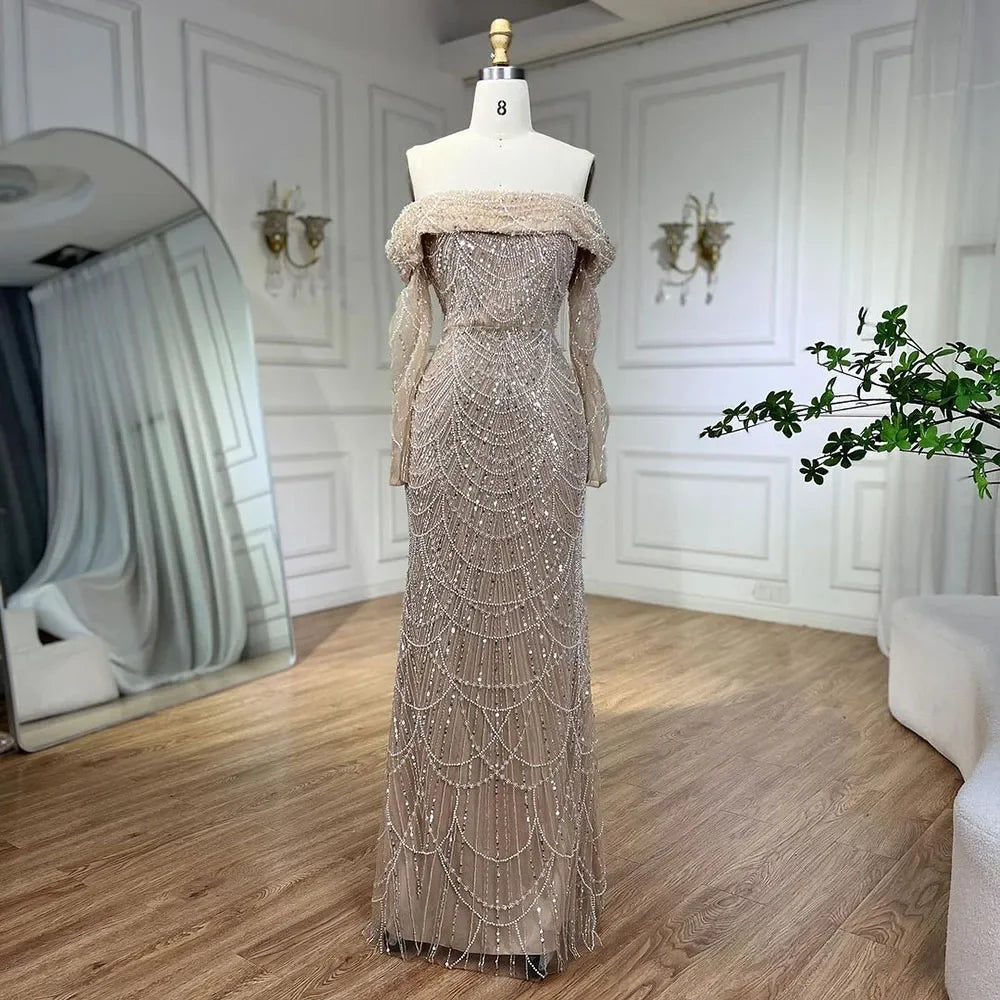 Vestido de noche sirena azul claro con hombros descubiertos y sobrefalda desmontable, Dubái LA72254