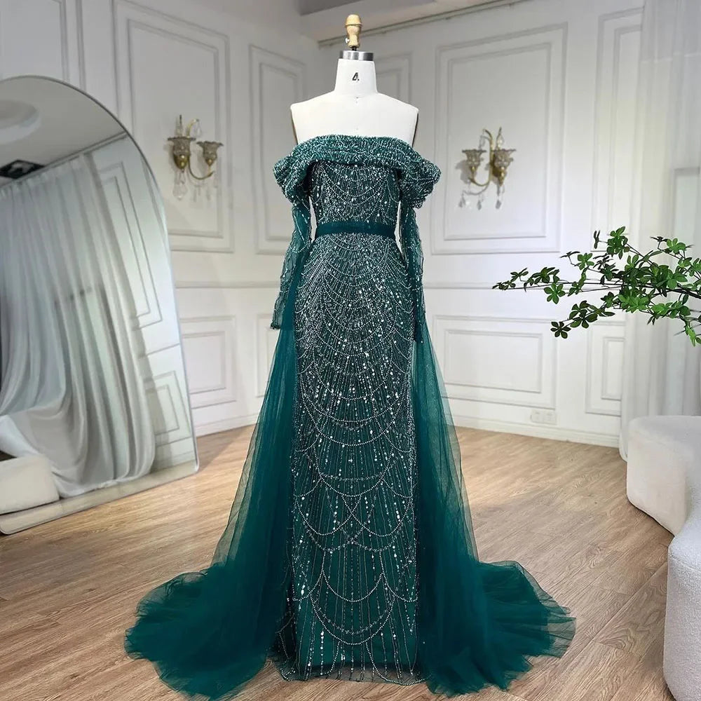 Vestido de noche sirena azul claro con hombros descubiertos y sobrefalda desmontable, Dubái LA72254