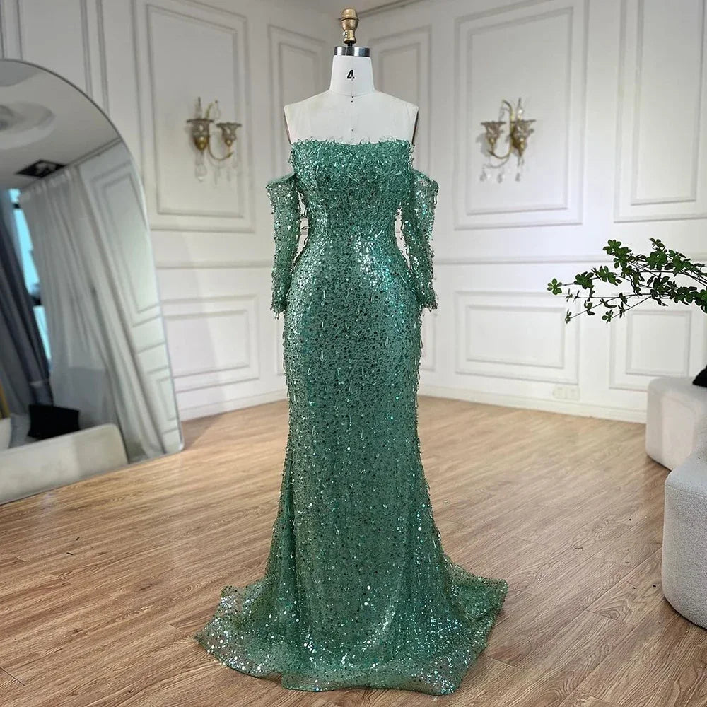 Arabien Orange Meerjungfrau Trägerloses Luxus Perlen Kristall Abendkleider Kleider für Frauen Hochzeit Party 2025 LA72402