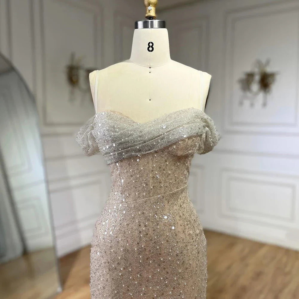 Arabien Weiß Nude Meerjungfrau Boot-Ausschnitt Luxus Abendkleider Kleider High Split für Frauen Hochzeit Party 2025 LA72301