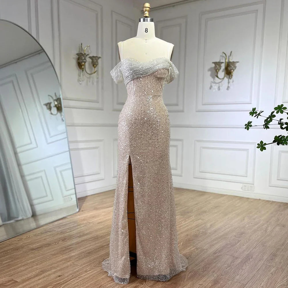 Arabien Weiß Nude Meerjungfrau Boot-Ausschnitt Luxus Abendkleider Kleider High Split für Frauen Hochzeit Party 2025 LA72301