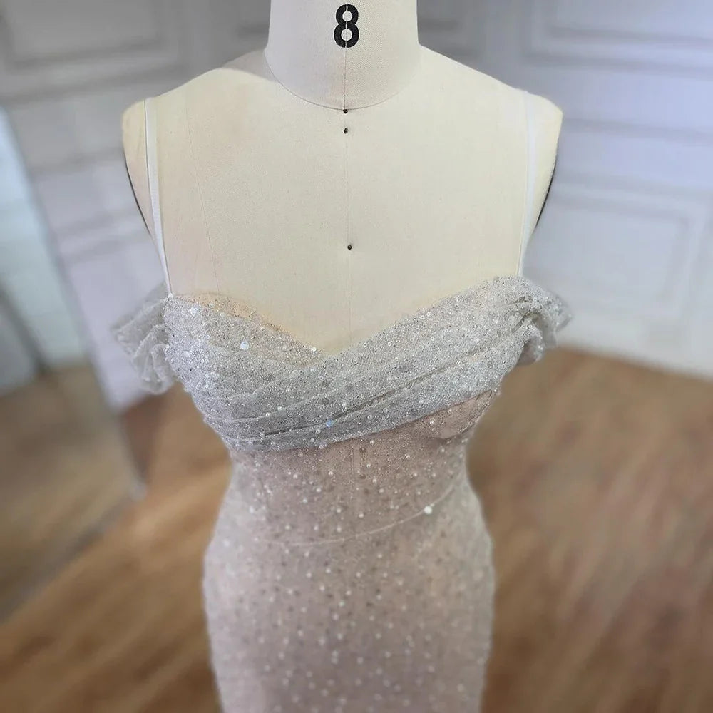 Arabien Weiß Nude Meerjungfrau Boot-Ausschnitt Luxus Abendkleider Kleider High Split für Frauen Hochzeit Party 2025 LA72301